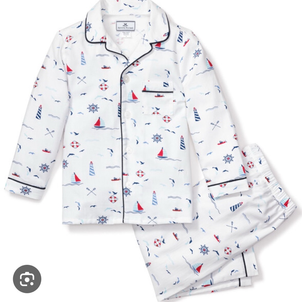 White and Red Nautical Pajama Set with Piping Details